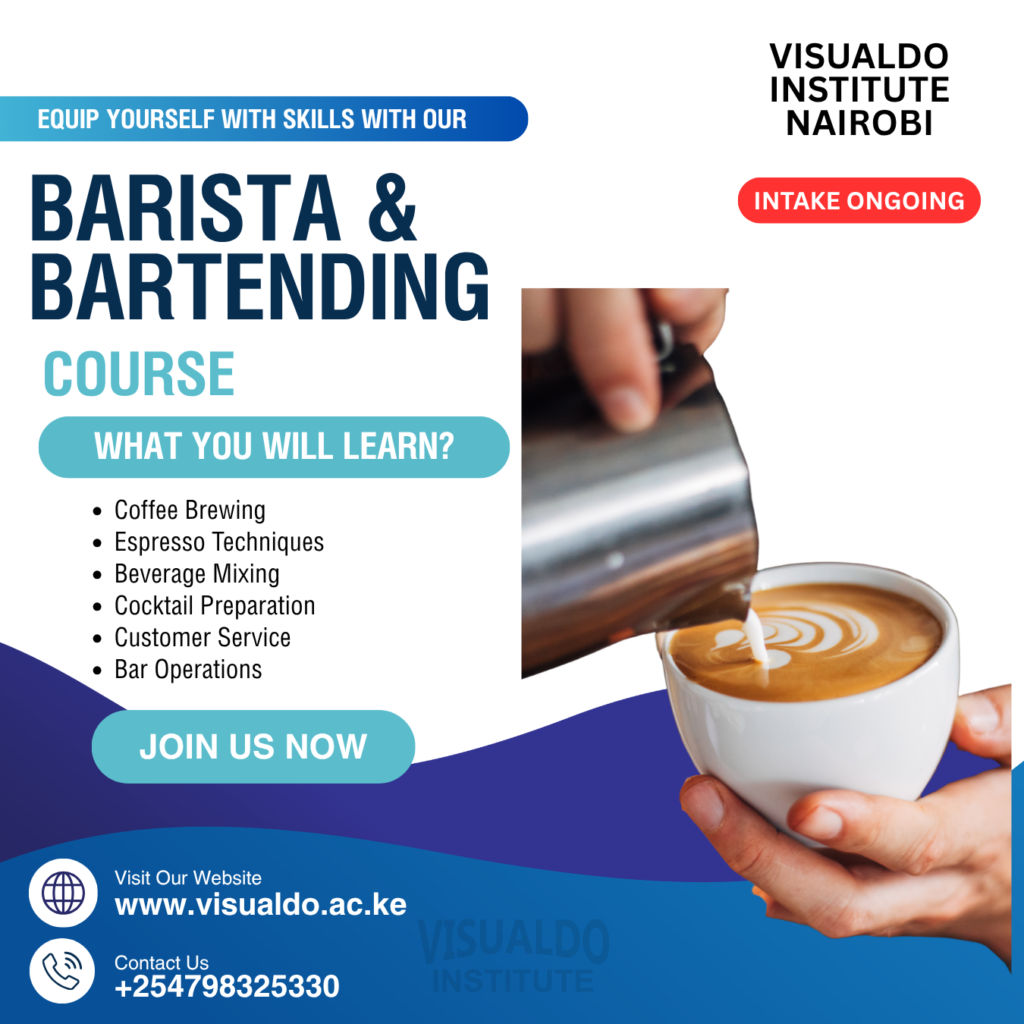 Barista and Bartending course focused on coffee brewing, beverage preparation, and café management.